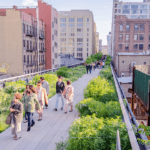 A group of people walking along the high line.