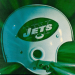 A new york jets football helmet on a green background.